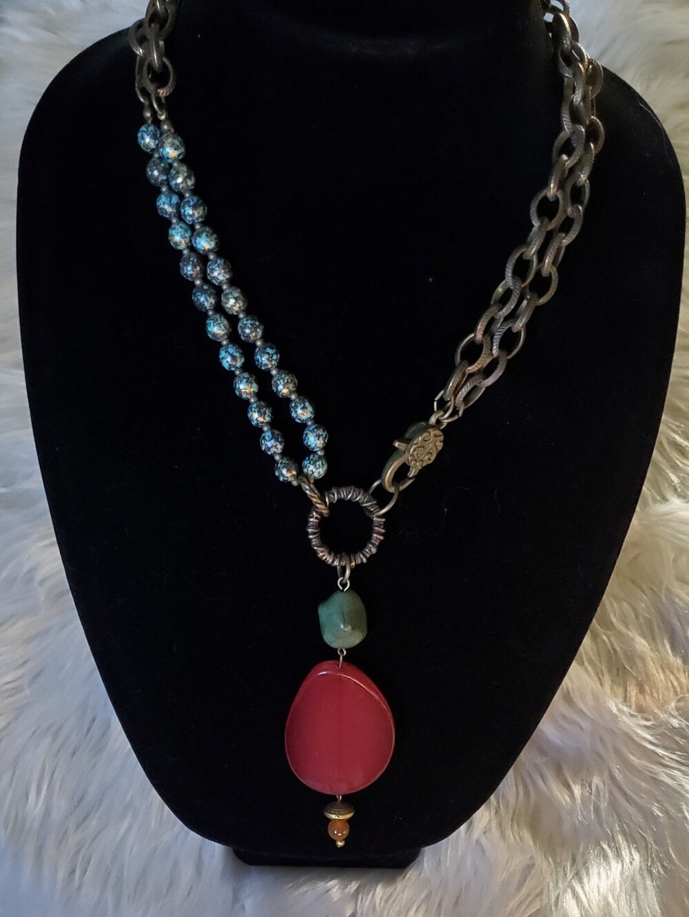 Multi Wear Boho Rustic Statement Necklace Layered Chain Red Pendant Beaded